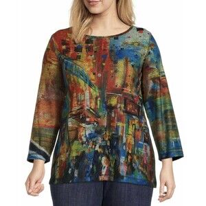 Ali Miles Tunic Top Size 1X City Scape Brushed Knit Soft Colorful Art To Wear